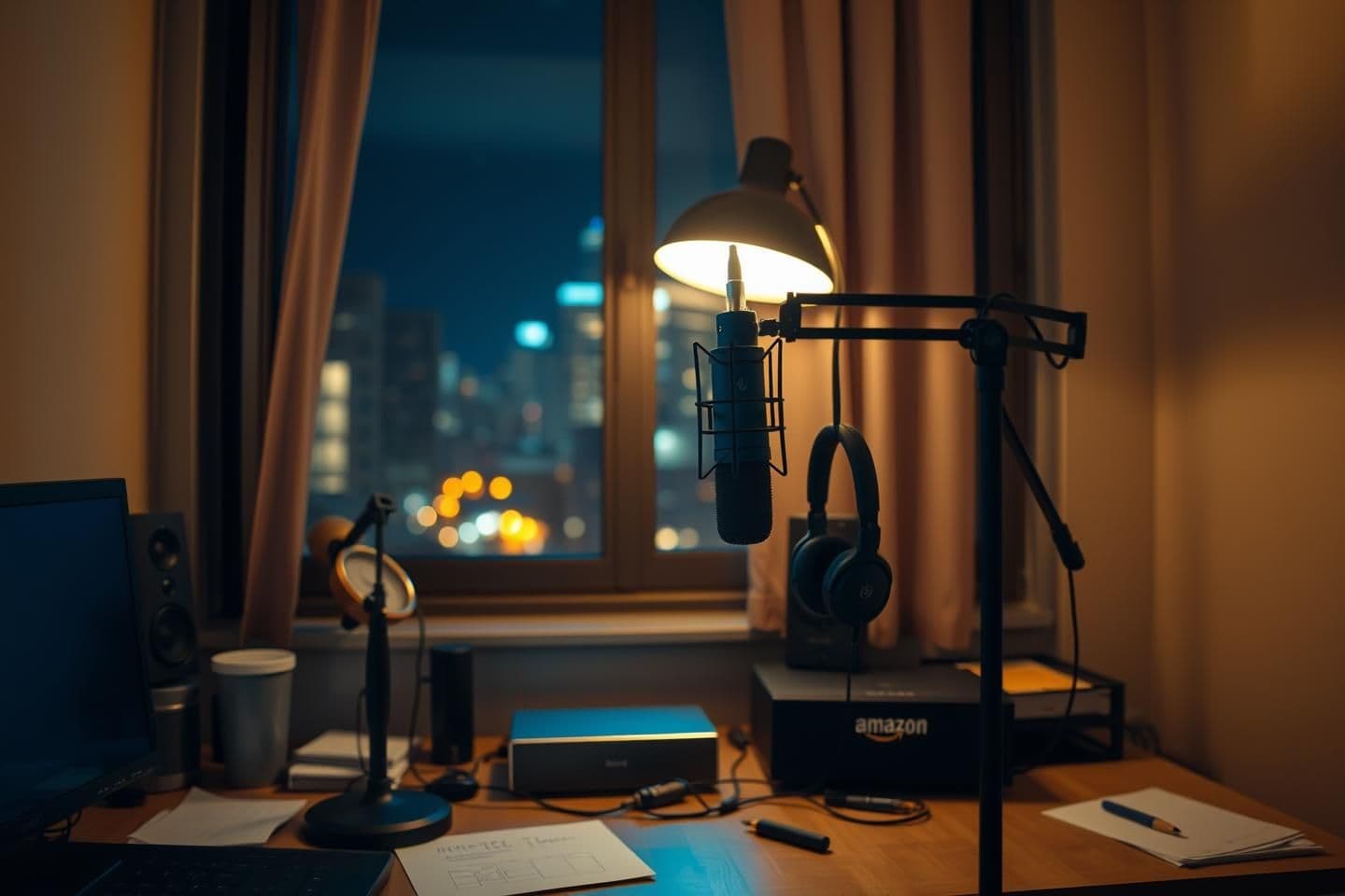 AI generated: A minimalist late-night podcast recording studio in a one-bedroom apartment at 11 PM. A Blue Yeti microphone mounted on a boom arm sits on a desk, headphones hanging beside it. Sof