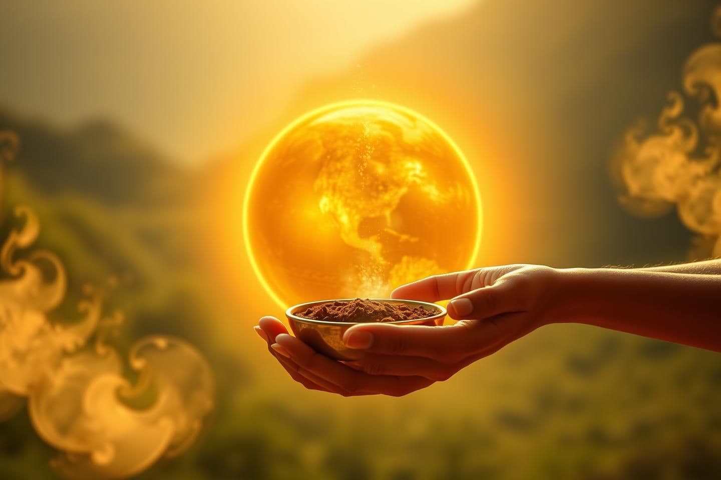 AI generated: A divine Sanatan Dharma–themed 16:9 thumbnail: a radiant golden Earth (Prithvi) glowing with soft celestial light, surrounded by a sacred aura; traditional Indian spiritual ambienc
