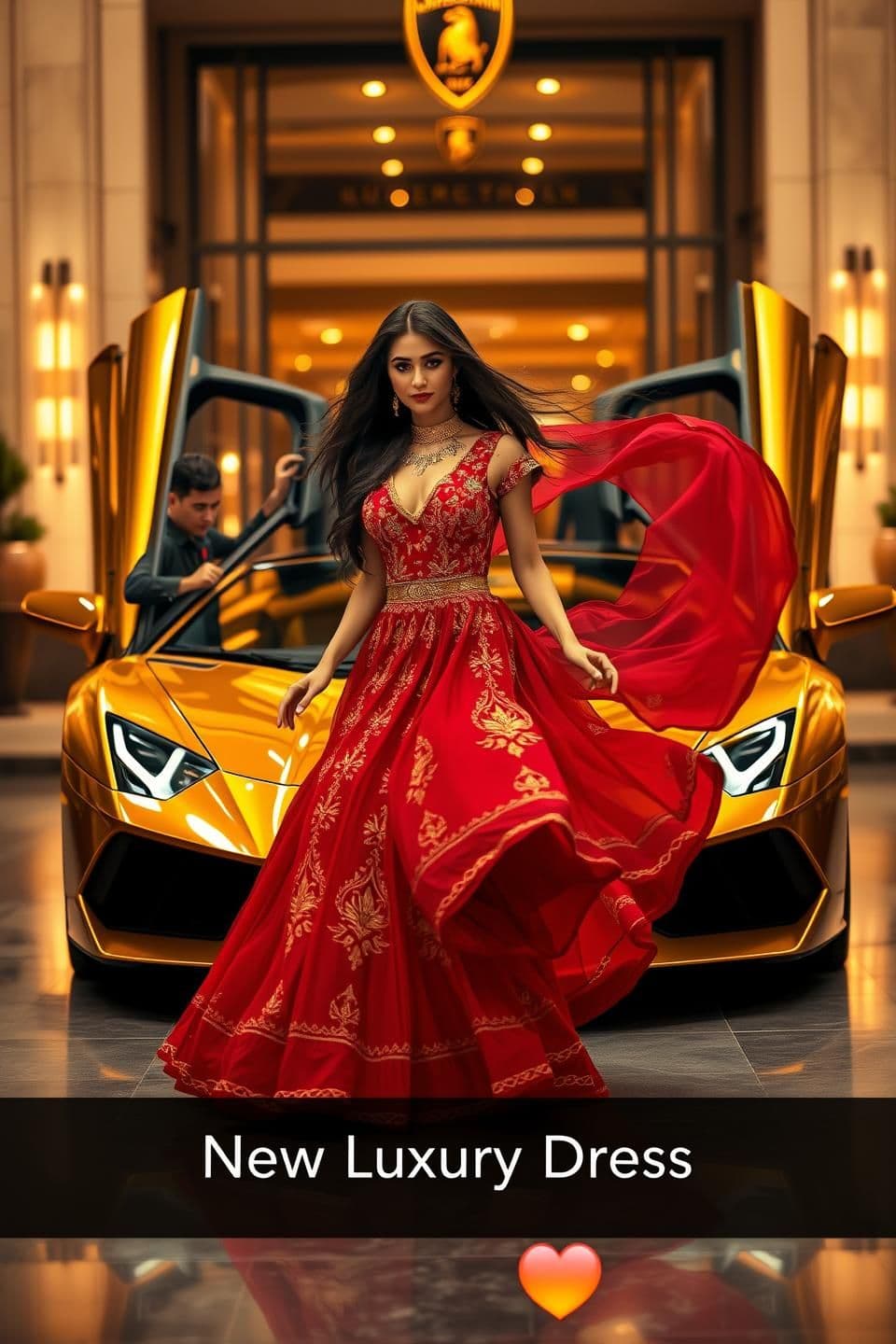 AI generated: Ultra realistic 8K vertical 9:16 cinematic photo of a stunning female model stepping out of a golden Lamborghini supercar in front of a luxury hotel entrance. She is wearing a roya