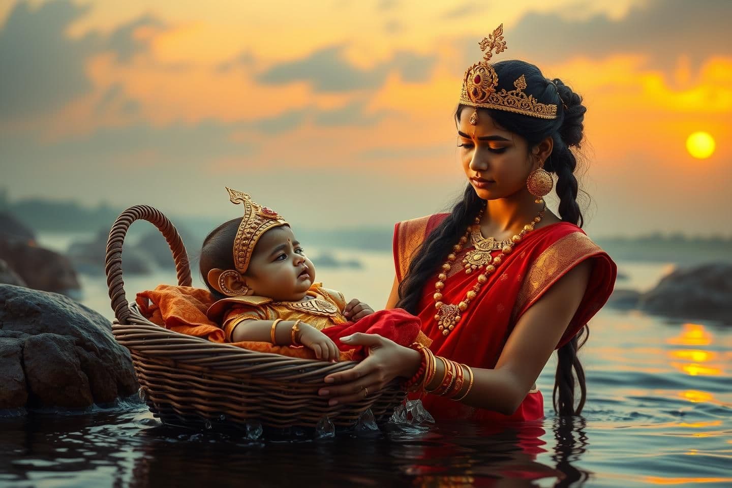 AI generated: Beautiful 14 years old princess kunthi crying with golden red color saree, golden crown on head, golden necklace and golden bangles to hand in the sunset background abandoning her