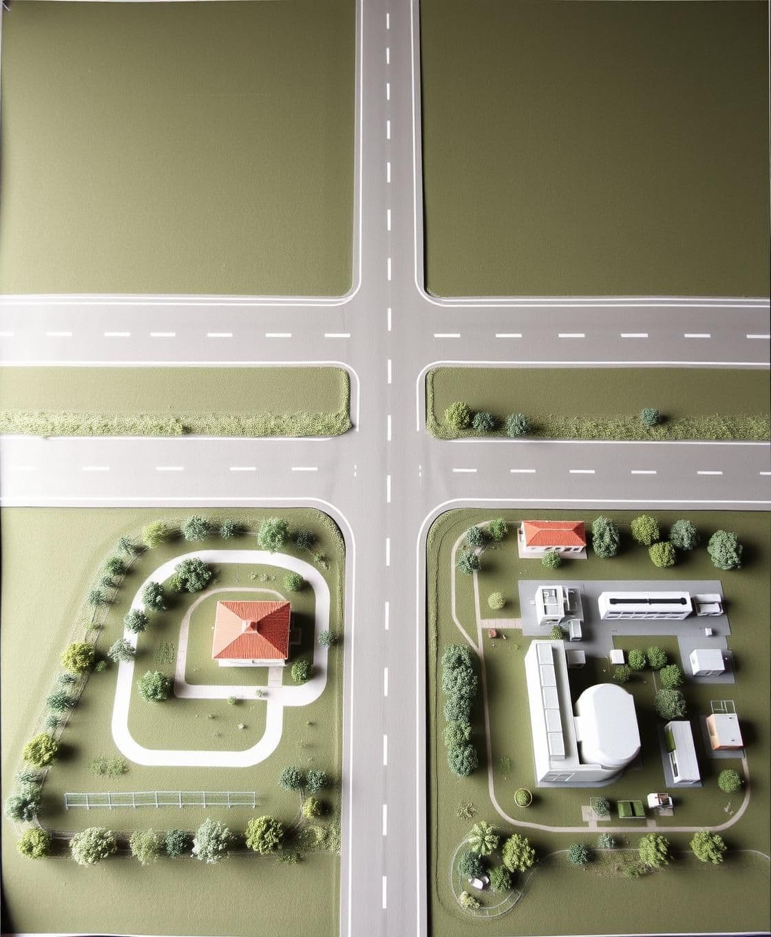 AI generated: A science project -37*27 inches.
A highway on the lengthy side of 4 lane, and a 2lane road from the width side intersect Highway from middle making a plus sign.
4 houses, a park