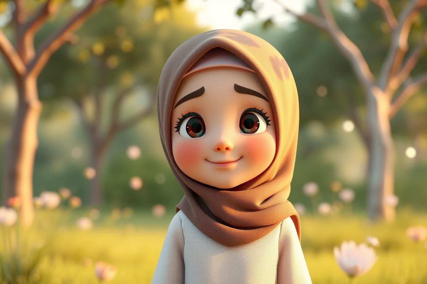 AI generated: A heartfelt 3D scene featuring a Muslim girl in a peaceful setting. The young character is dressed in traditional modest attire, with a gentle, warm expression. The environment aro