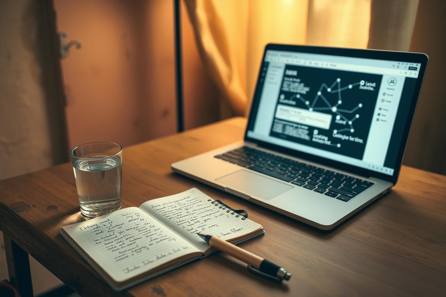 AI generated: Minimalist Indian middle-class home workspace, warm soft lighting. A slightly worn wooden desk with a silver vessel glass of water, an open notebook with quick handwritten notes fr