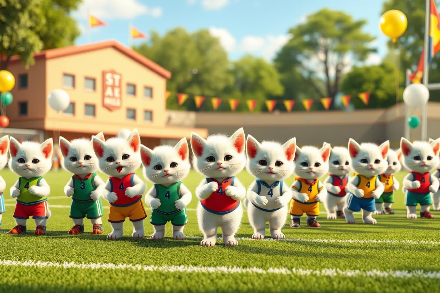 AI generated: Ultra realistic Pixar-style, a cheerful school sports ground filled with tiny white-fur kitten kids wearing colorful sports uniforms, age 4, balloons, flags, playful environment, s