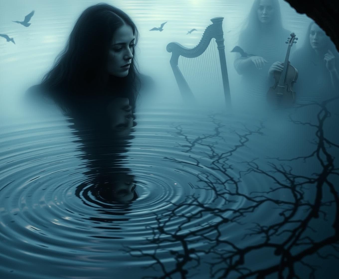 AI generated: the oracle staring at her reflection in rippling well water, but reflection sings with its mouth open, fragmented memories floating around, faces she doesn't recognize, ghostly har