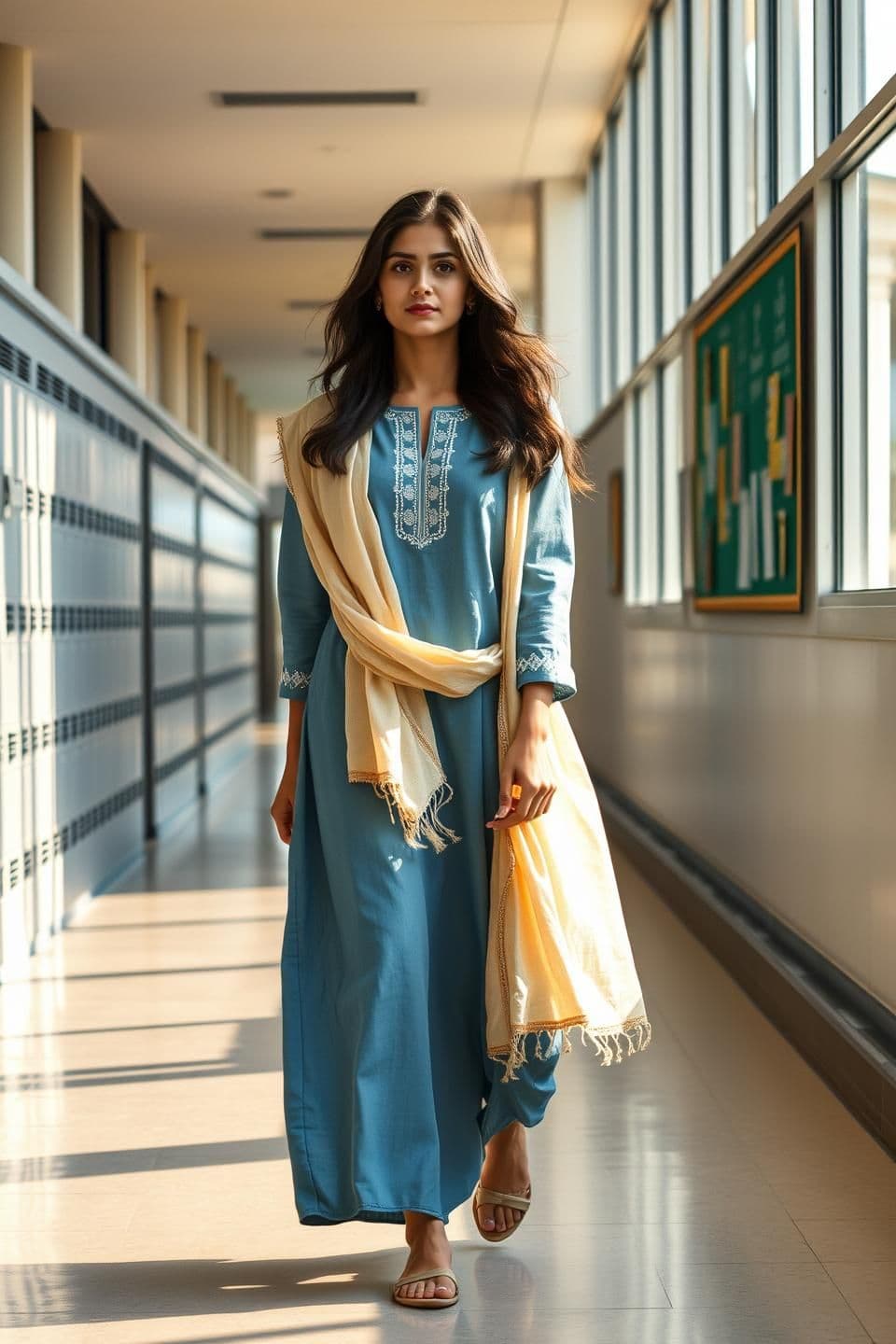 AI generated: {
"character": {CHARACTER_BLUEPRINT},
"environment": "modern school corridor during late morning, large windows letting in soft natural light, polished floors reflecting sunlig