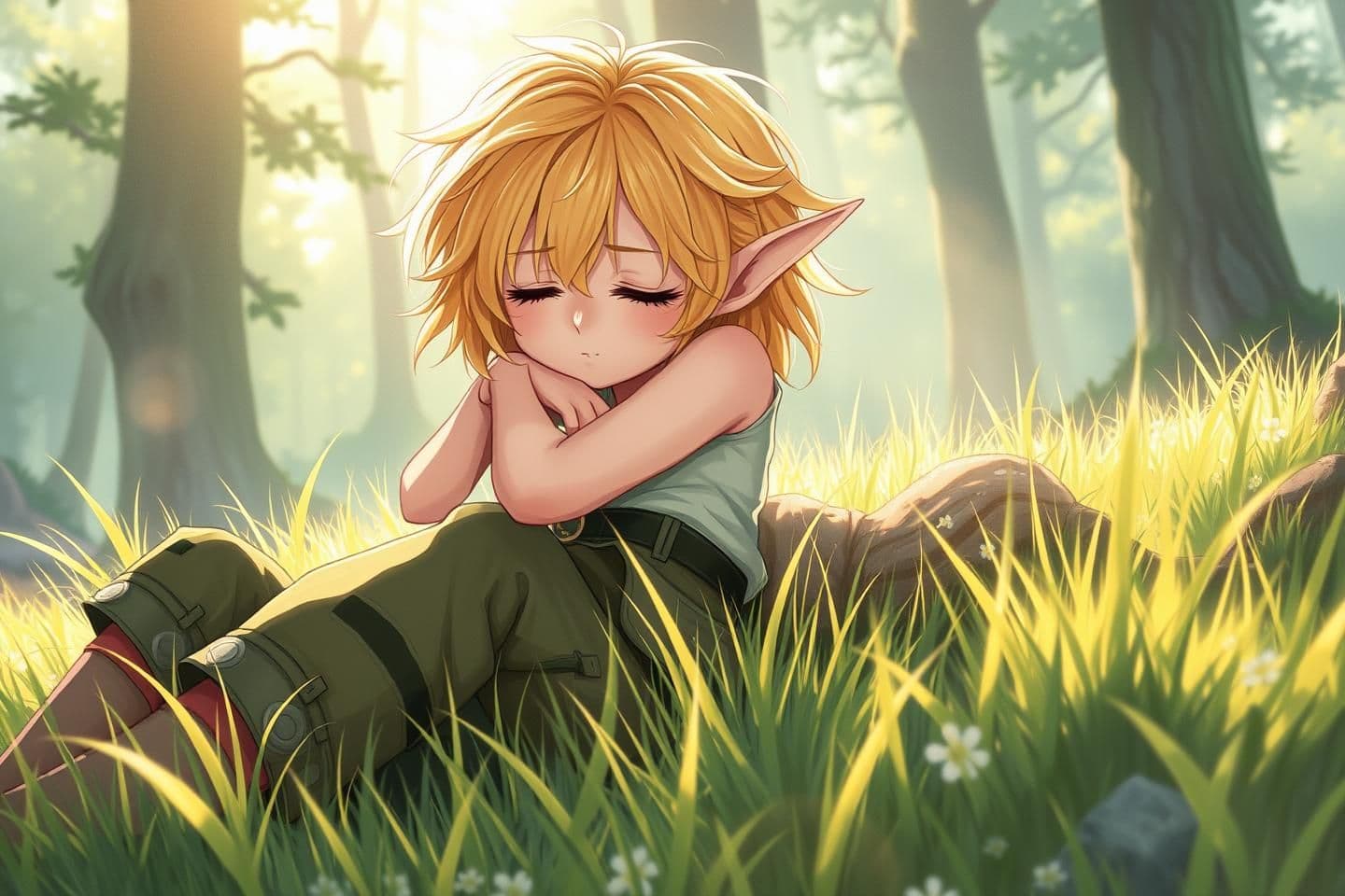 AI generated: soft watercolor anime style, inspired by classic fantasy animation, dreamy fantasy atmosphere,
a blonde elf girl with short messy hair, sleeping peacefully on her back, full body