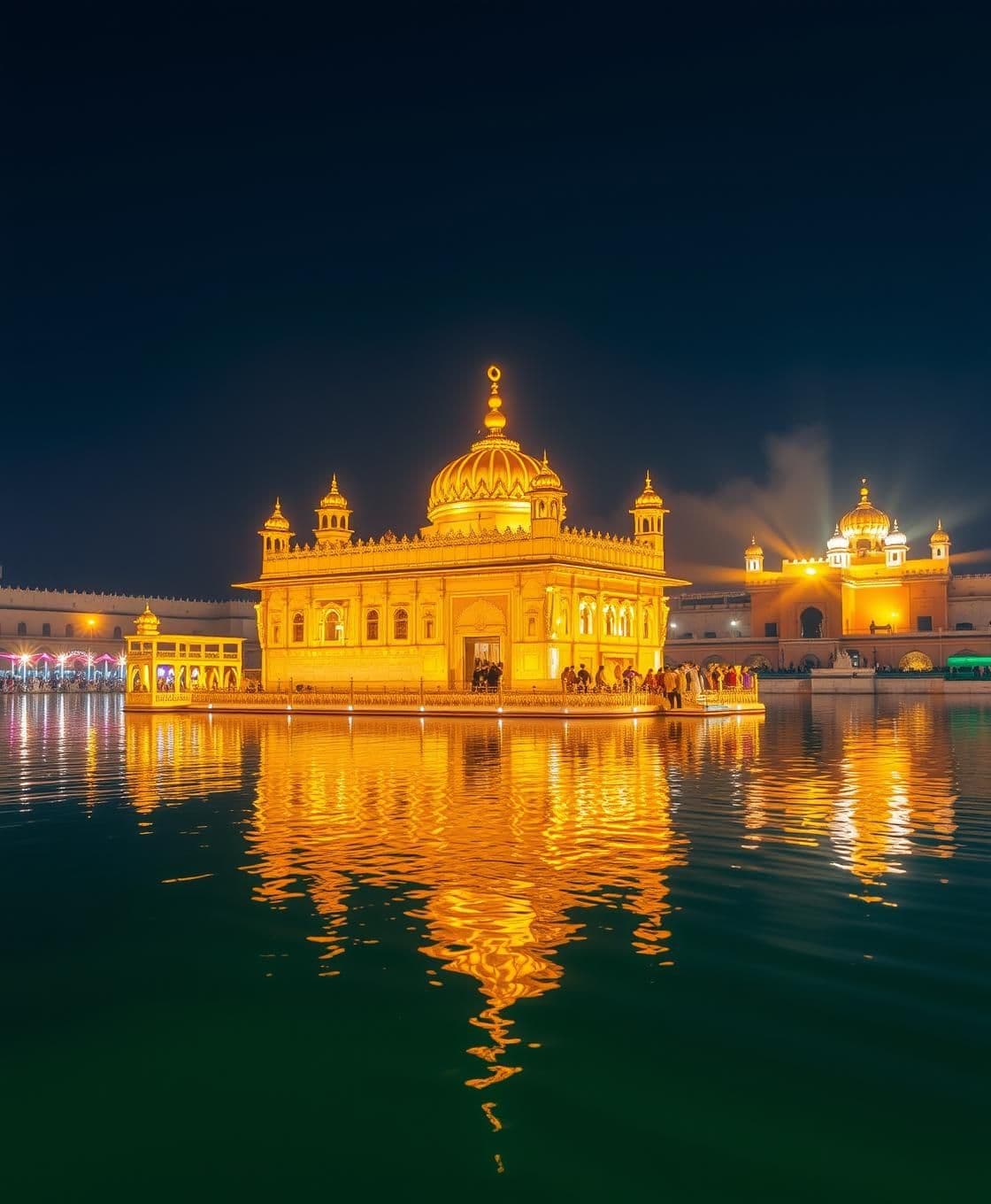 AI generated: Golden Temple (Sri Harmandir Sahib) at night, glowing golden lights reflecting on the calm water of the holy Sarovar, crystal-clear reflections, peaceful atmosphere, detailed archi