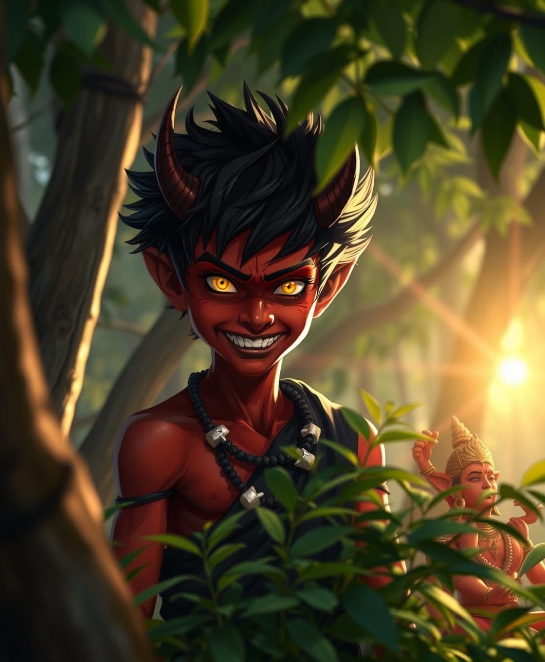 AI generated: A 13-year-old demon boy, height 3.5 feet, lean muscular body, dark reddish-brown skin, black spiky hair, glowing yellow eyes, sharp teeth slightly visible. He wears torn dark cloth