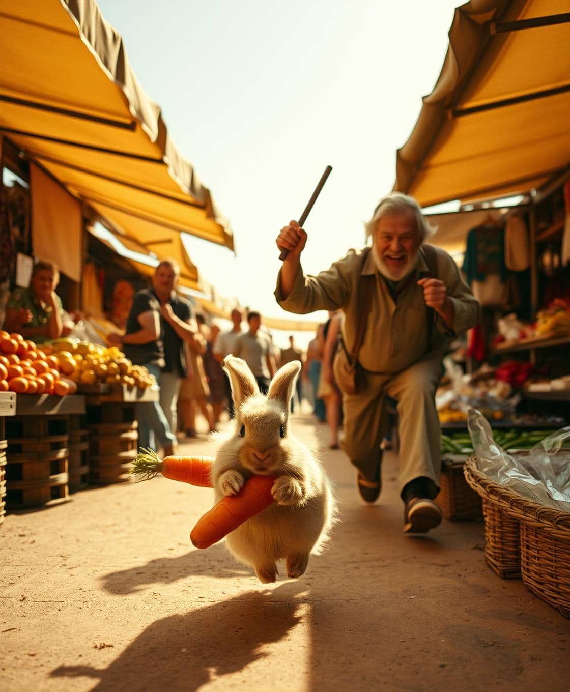 AI generated: charming, cinematic photograph capturing a humorous chase scene in a bustling, sun-drenched outdoor bazaar. A tiny, fluffy baby rabbit zooms in the foreground, clutching a large st