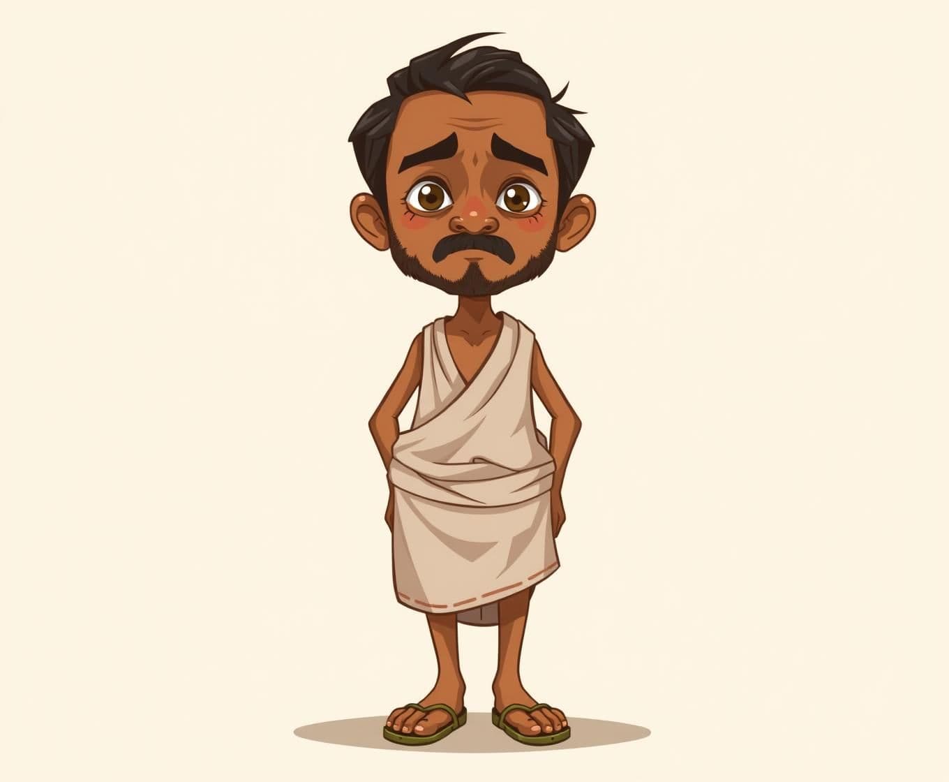 AI generated: “2D village-style character, clean vector illustration, soft shading, flat colors, rural Indian setting, expressive face, minimal outlines, gentle textures, traditional clothing, w