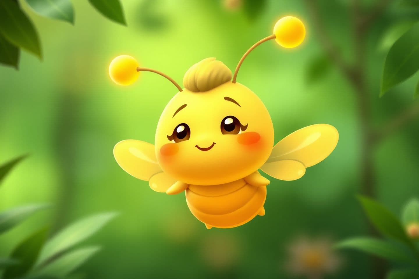 AI generated: The image showcases a charming, cartoon-style firefly floating in a lush green environment. The firefly is the central focus, depicted with a large, round head and a small, segment
