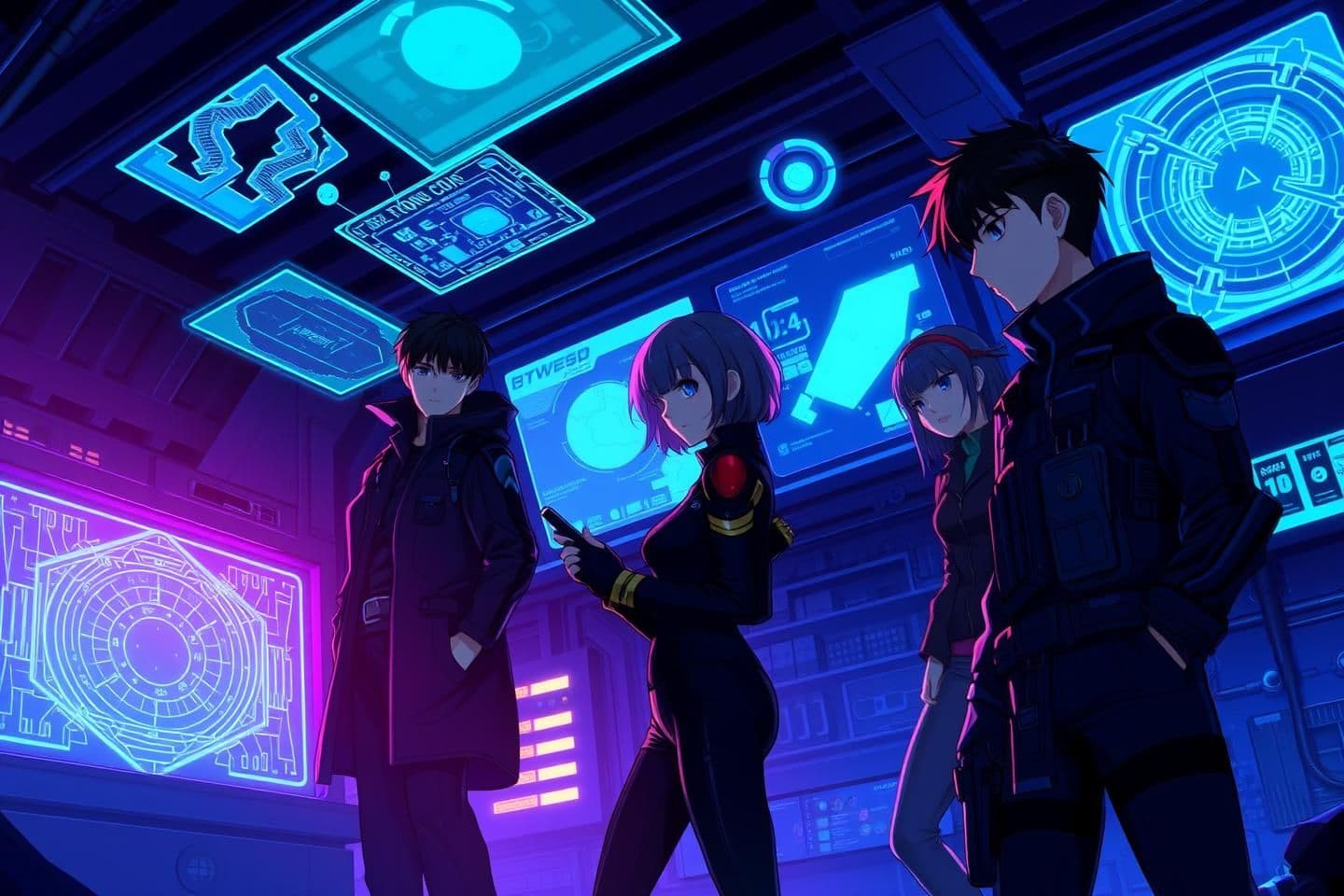 AI generated: “Create a semi-realistic anime-style illustration of an intense mission scene inside an underground command chamber.
The atmosphere is dark, high-tech, glowing in deep blue and vio