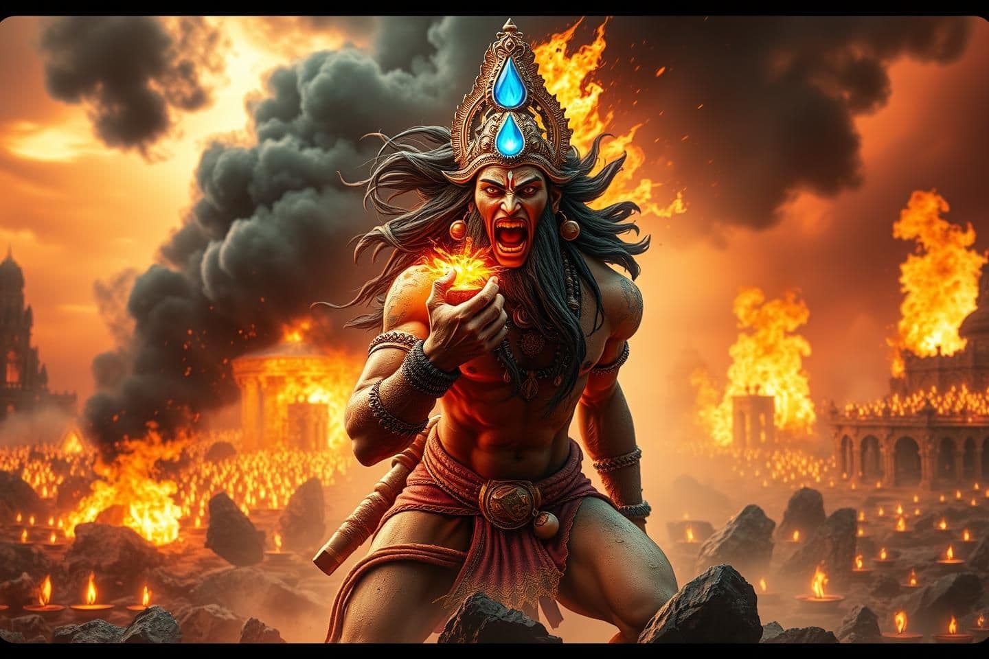 AI generated: Ultra-realistic depiction of Rudra Hanuman in the battlefield of Lanka, invoking the mantra “लंका-भयङ्करम्”.
Hanuman roaring fiercely, holding a burning mountain, flames swirling