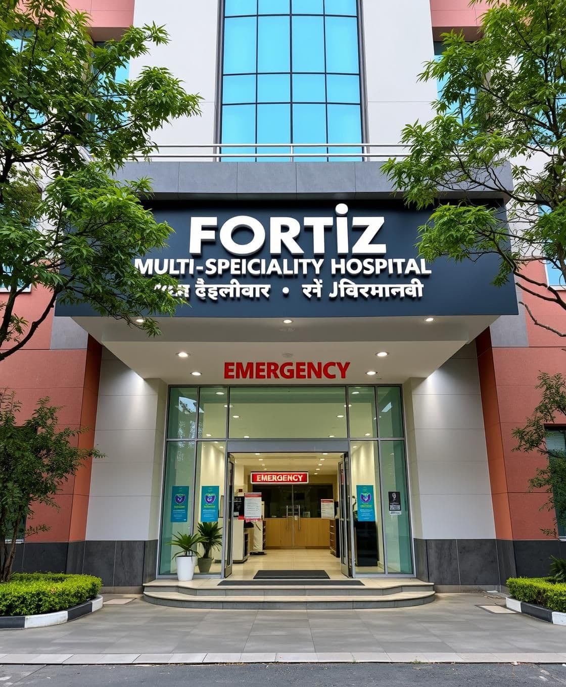 AI generated: IMPORTANT: Generate with all text in Hindi script only. AI photo of a modern, clean multi-specialty hospital. The front lettering reads: “Fortiz Multi-Speciality Hospital, Naugarha