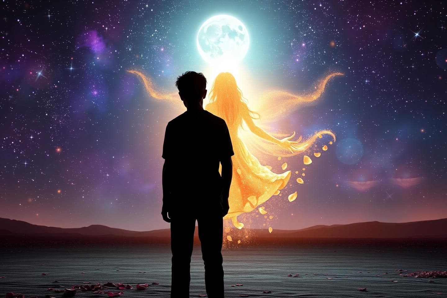 AI generated: “A lonely man in one-sided love stands on a vast, moonlit ground beneath an enchanting night sky shimmering with stars, galaxies, and floating light particles. The background glows