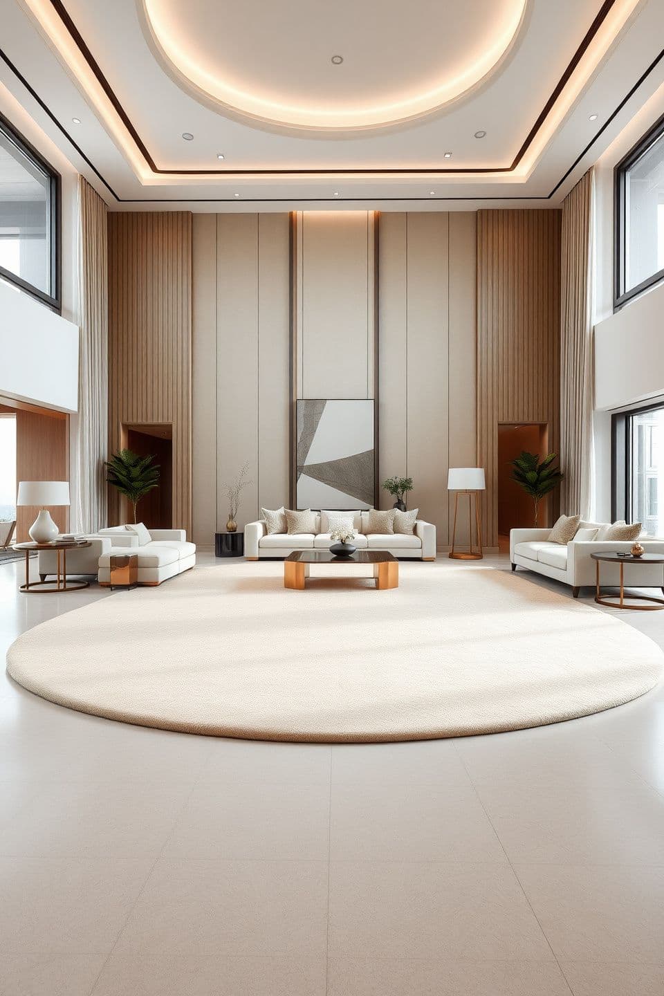 AI generated:
A high-end luxury living room with a large open space,
full wide-angle view of the room,
an elegant oval-shaped hand-tufted carpet placed at the center,
the carpet features refine