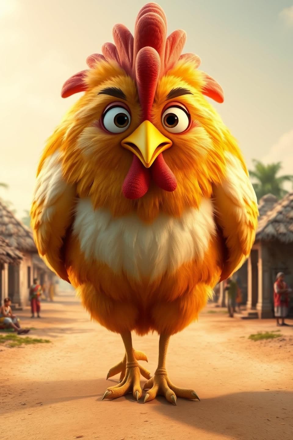 AI generated: Create a 3D animated scene of a huge giant chicken entering an Indian village. The chicken is extremely large, with fluffy golden-white feathers, big cartoon eyes, and a friendly e