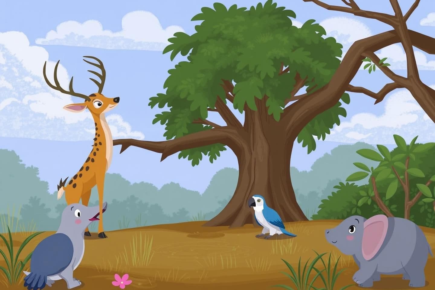 AI generated: All the other young animals formed groups to play together.
The deer ran races.
The parrots practiced flying tricks.
Even the baby elephants splashed in the water.
Whenever Mintu