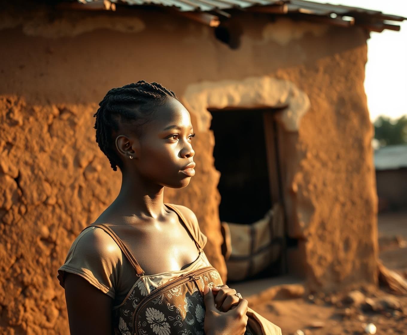 AI generated: A young Nigerian woman with caramel skin and short braids stands silently in front of an old, cracked mud house with faded paint. The afternoon sun casts a golden glow, highlightin