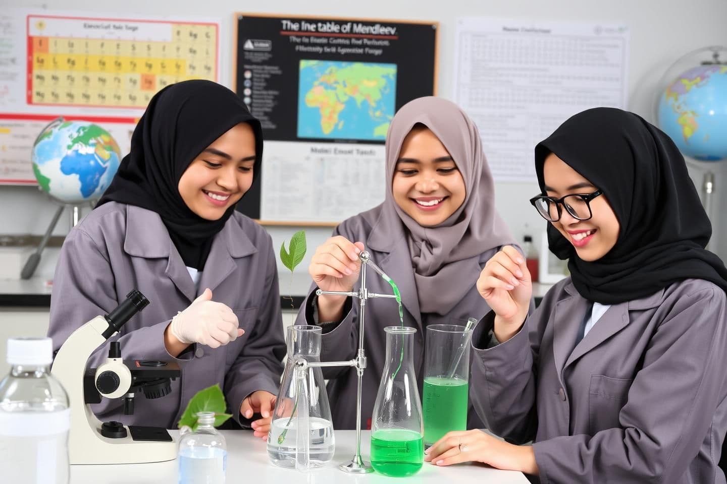 AI generated: Three female students wearing school hijabs and school coats in a science laboratory, smiling happily. The student on the right has curly hair partially visible from her hijab, gla