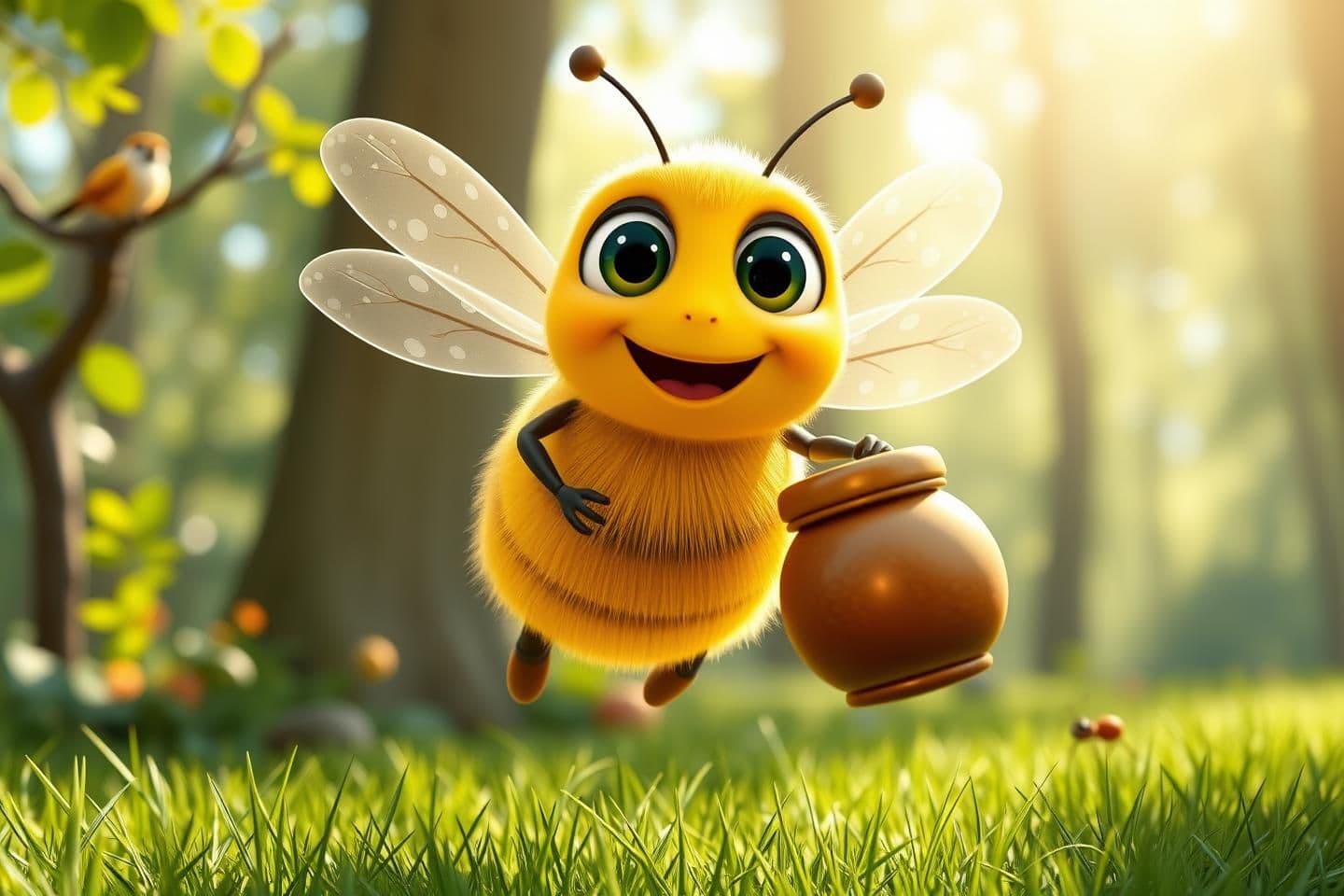 AI generated: Prompt: A catchy 3D cartoon style thumbnail for a kids' poem. Front view of a super cute happy honeybee with big eyes flying towards the camera holding a honey pot. In the blurred