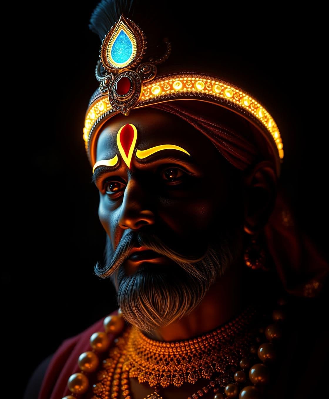 AI generated: “Ultra-realistic 3D portrait of Baba Khatu Shyam Ji in dark mode, deep dramatic shadows, glowing golden rim light on face, illuminated peacock feather crown, shining kundan jewelry