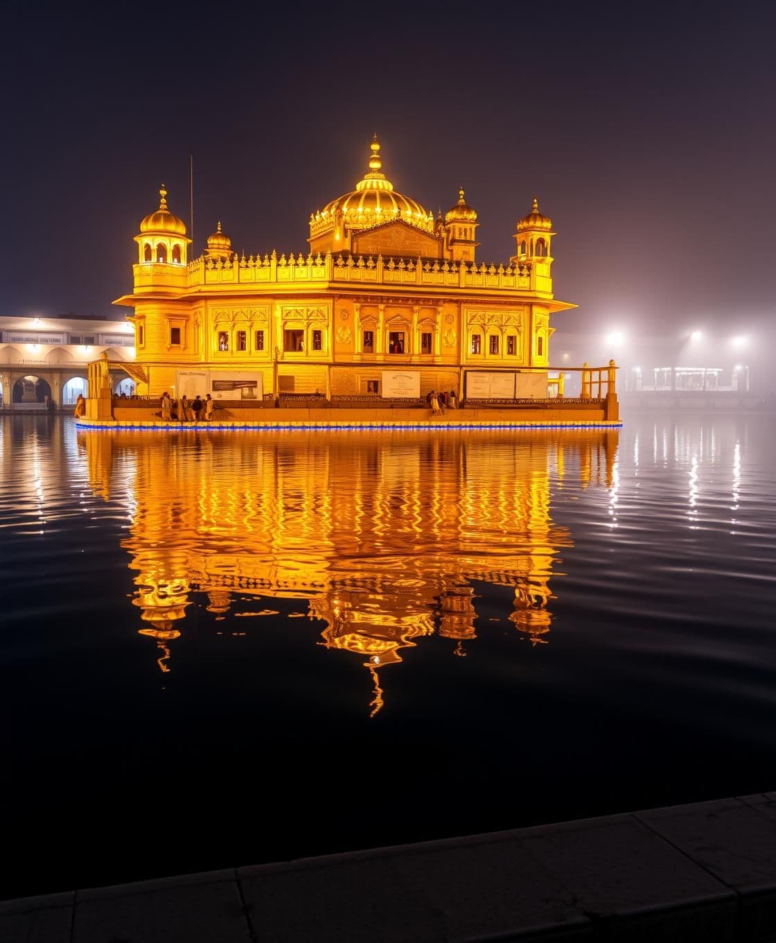 AI generated: Golden Temple (Sri Harmandir Sahib) at night, glowing golden lights reflecting on the calm water of the holy Sarovar, crystal-clear reflections, peaceful atmosphere, detailed archi