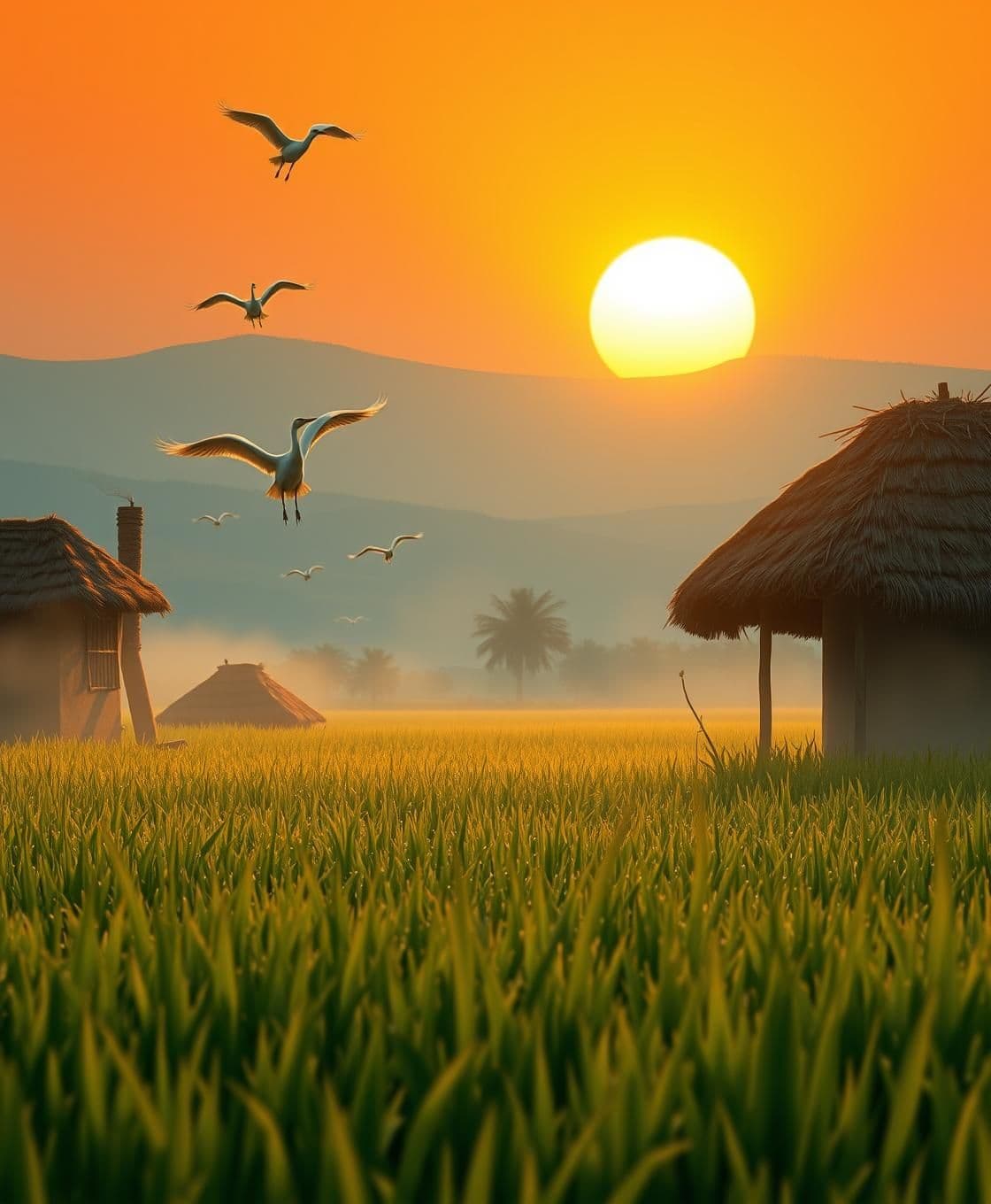 AI generated: 2D hand-drawn animation, ultra-detailed cinematic title card, 16:9 widescreen masterpiece. Epic rural Bengal sunrise: first golden rays slicing through thin morning mist like liqui