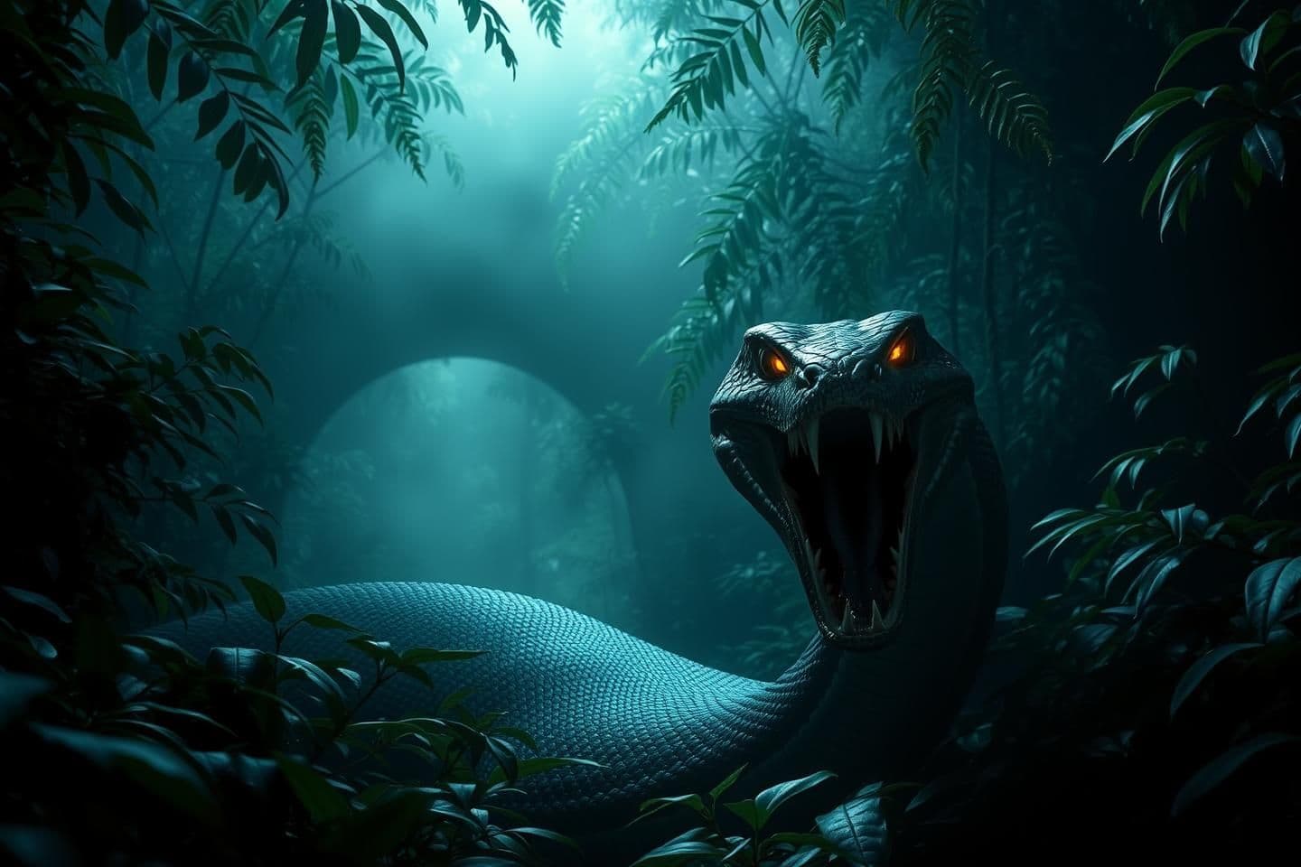 AI generated: Dense dark jungle filled with thick green plants and fog. A full-length dangerous snake completely visible from head to tail, positioned in the jungle. The snake has its mouth wide