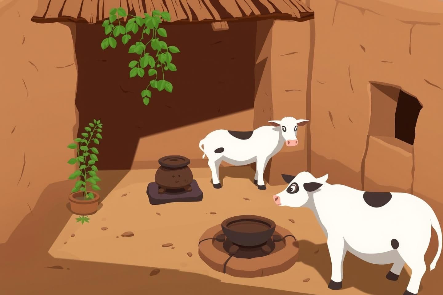 AI generated: IMPORTANT: Generate with all text in Hindi script only. “A small mud house, a Tulsi plant outside, a stove in the courtyard, mud plastered walls, a cow tied nearby, the life of a s