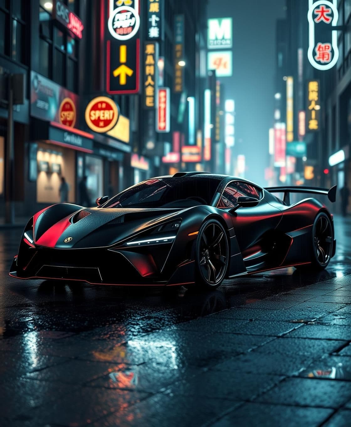 AI generated: A matte black hypercar, parked on the wet asphalt of a futuristic cyberpunk city street at night, reflections of neon signs shimmering on its body, cinematic atmospheric lighting,
