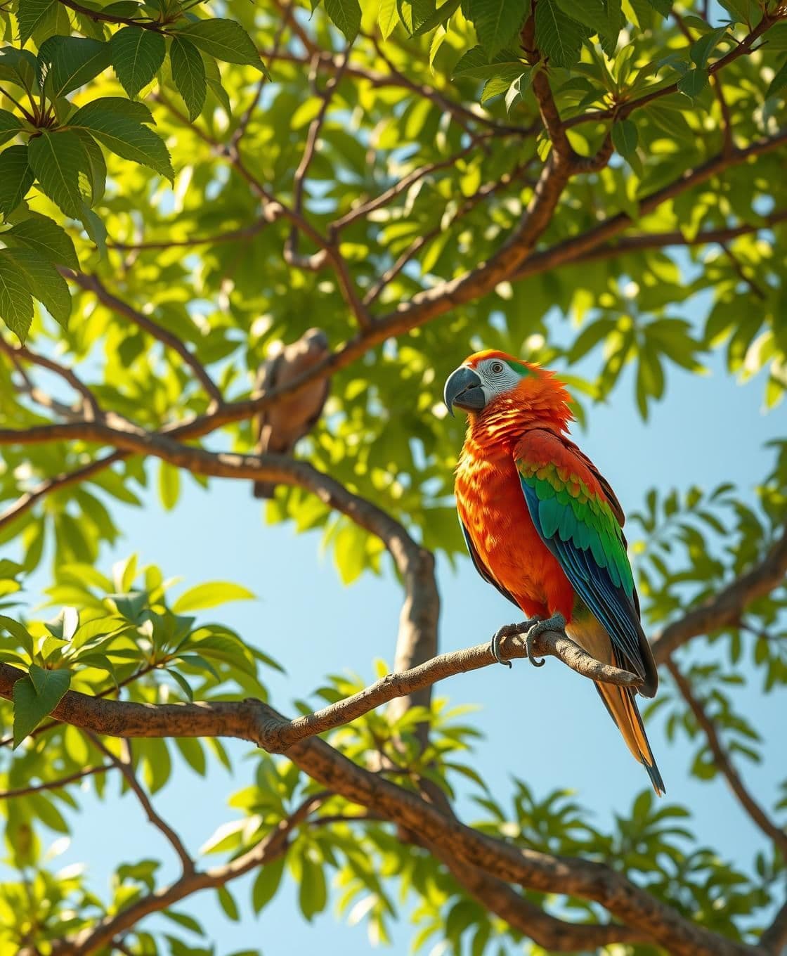 AI generated: IMPORTANT: Generate with all text in Hindi script only. A cinematic shot of a lush tree. A quiet, brown pigeon perches on a high branch. On a lower branch, a bright, proud parrot s