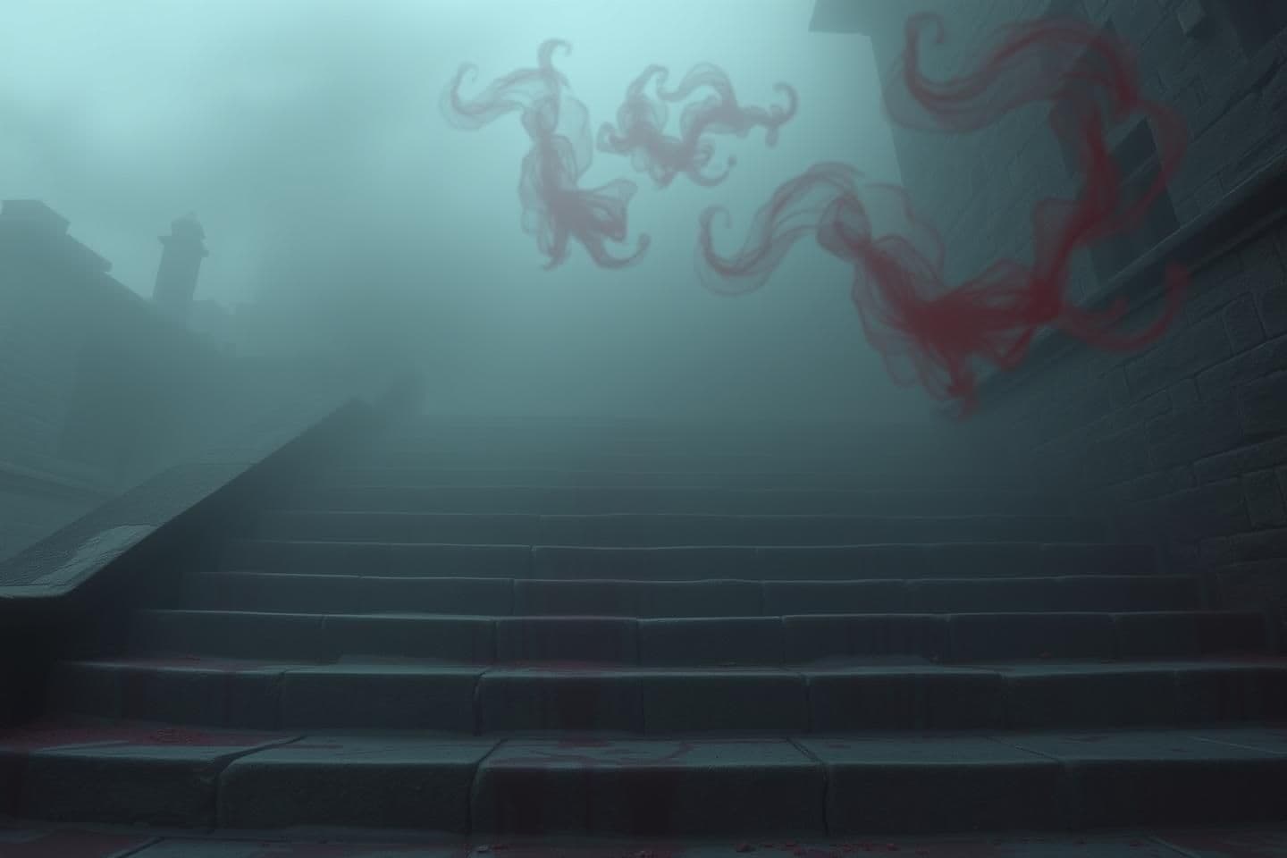 AI generated: Fog-soaked ancient stone steps covered in faint dried-blood texture, surreal lighting from no visible source, ghost-like afterimages of three fallen bodies, distorted environment s