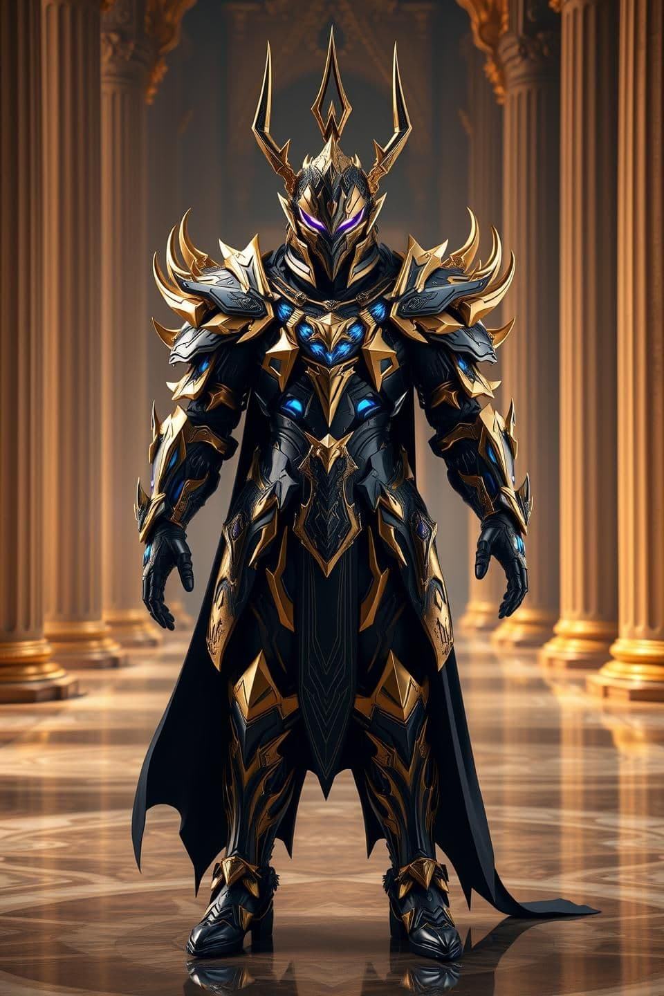 AI generated: Create a hyper-detailed, full-body portrait of a majestic armored warrior standing in a grand hall. The armor is a complex fusion of black obsidian metal and radiant gold plating,