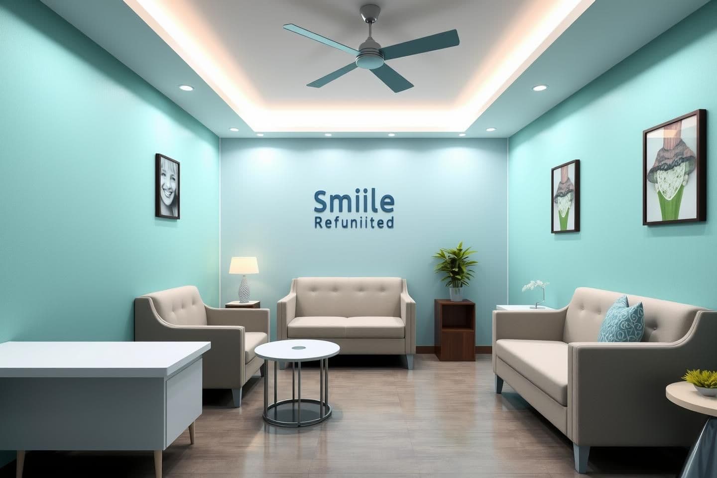 AI generated: Design attractive premium waiting area for the 60 sq ft (10×6) of dental clinic Target is premium aspirational and kids. Colours to be used are pastel blue and green. Name of clini