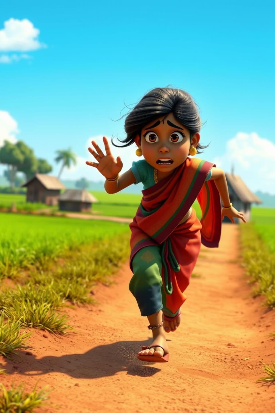 AI generated: Prompt:
A worried Indian village woman running on a dusty rural path toward the farmer, wearing a colorful saree, tears in her eyes, calling out desperately. In the background, gre