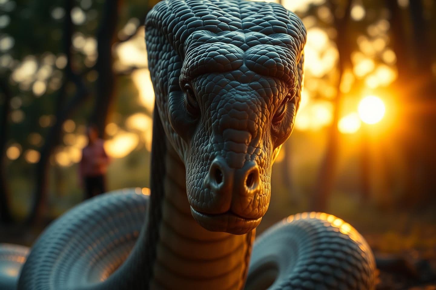 AI generated: Create an ultra-realistic 4K cinematic image of a mythical snake with a woman’s face. The creature has photorealistic skin textures, smooth scales, expressive human-like eyes, and