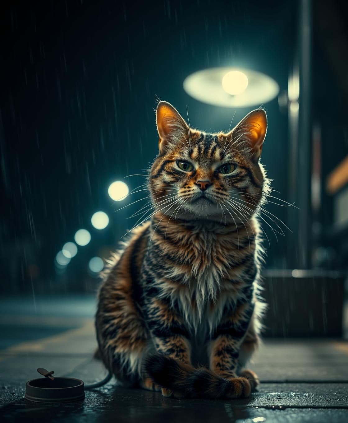 AI generated: A . The exhausted cat sitting under a dim streetlight at night, crying softly with the unsold pizza still on her back. She looks directly at the camera with a hopeless expression a