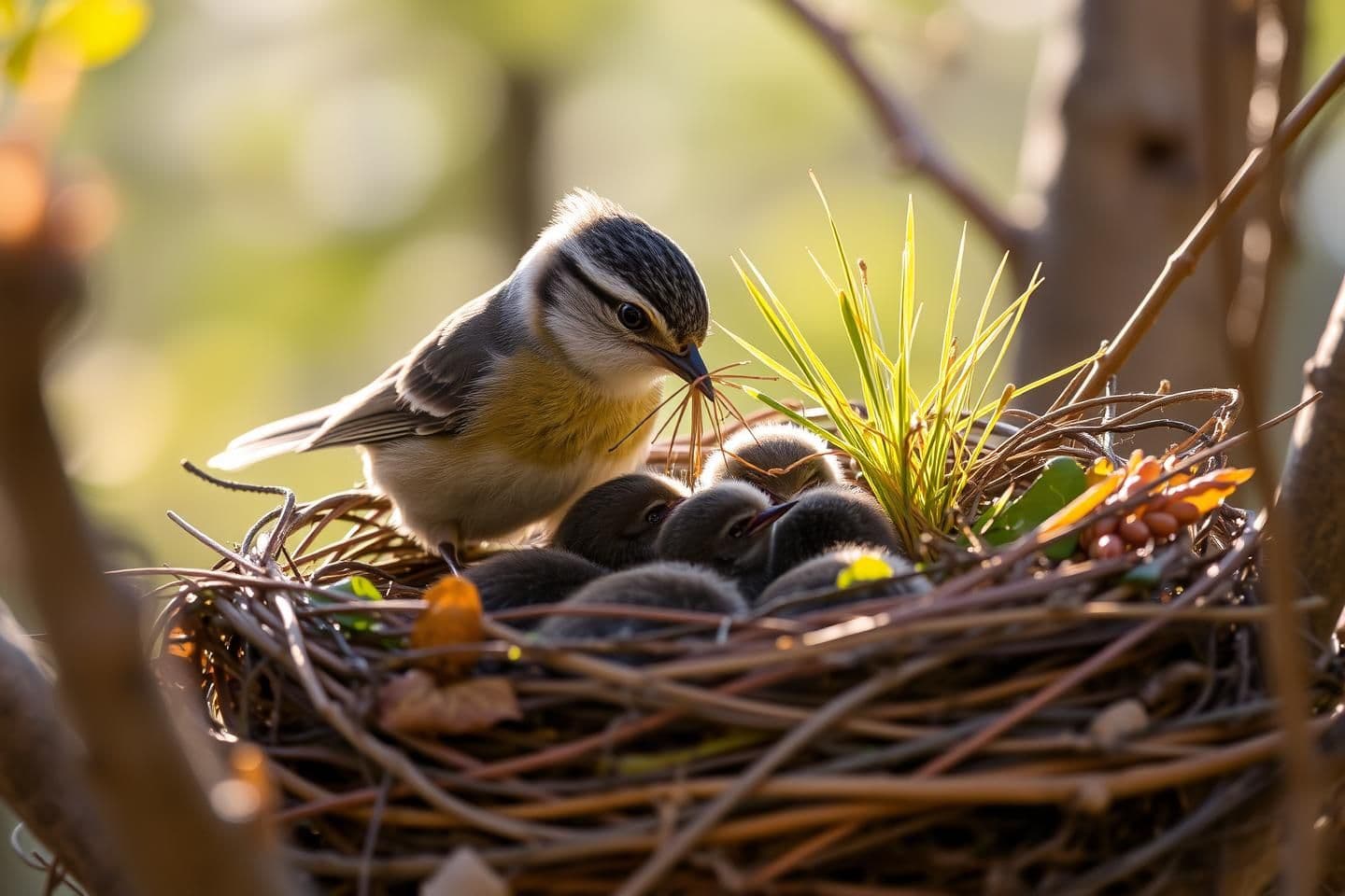 AI generated: A small bird feeding its babies in a cozy nest made of twigs and leaves, early morning sunlight shining softly through the trees. After feeding them, the bird collects small sticks