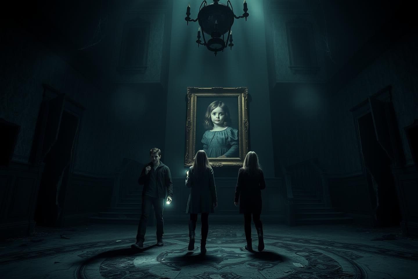 AI generated: Night scene inside an abandoned haunted mansion located in the mountains of a small mysterious town. Time is around 12 AM, the atmosphere is foggy and cold. Four young friends (two