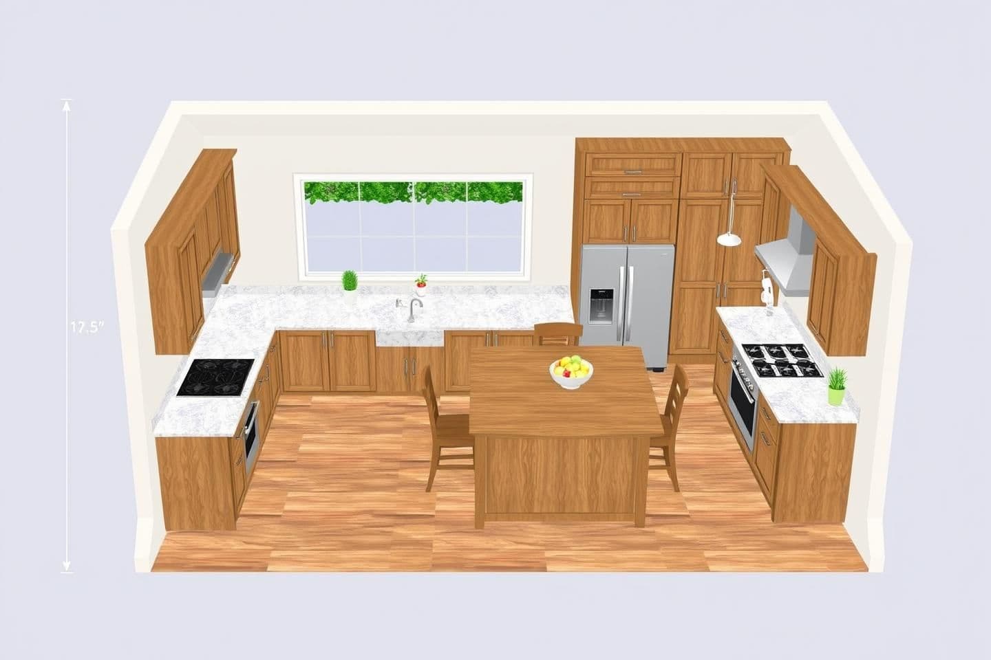 AI generated: L-shaped layout for 17x12.5dimensions with countertop, slabs, cabinets and closets
Description: This layout uses two adjacent walls, leaving the other two walls open for a dining