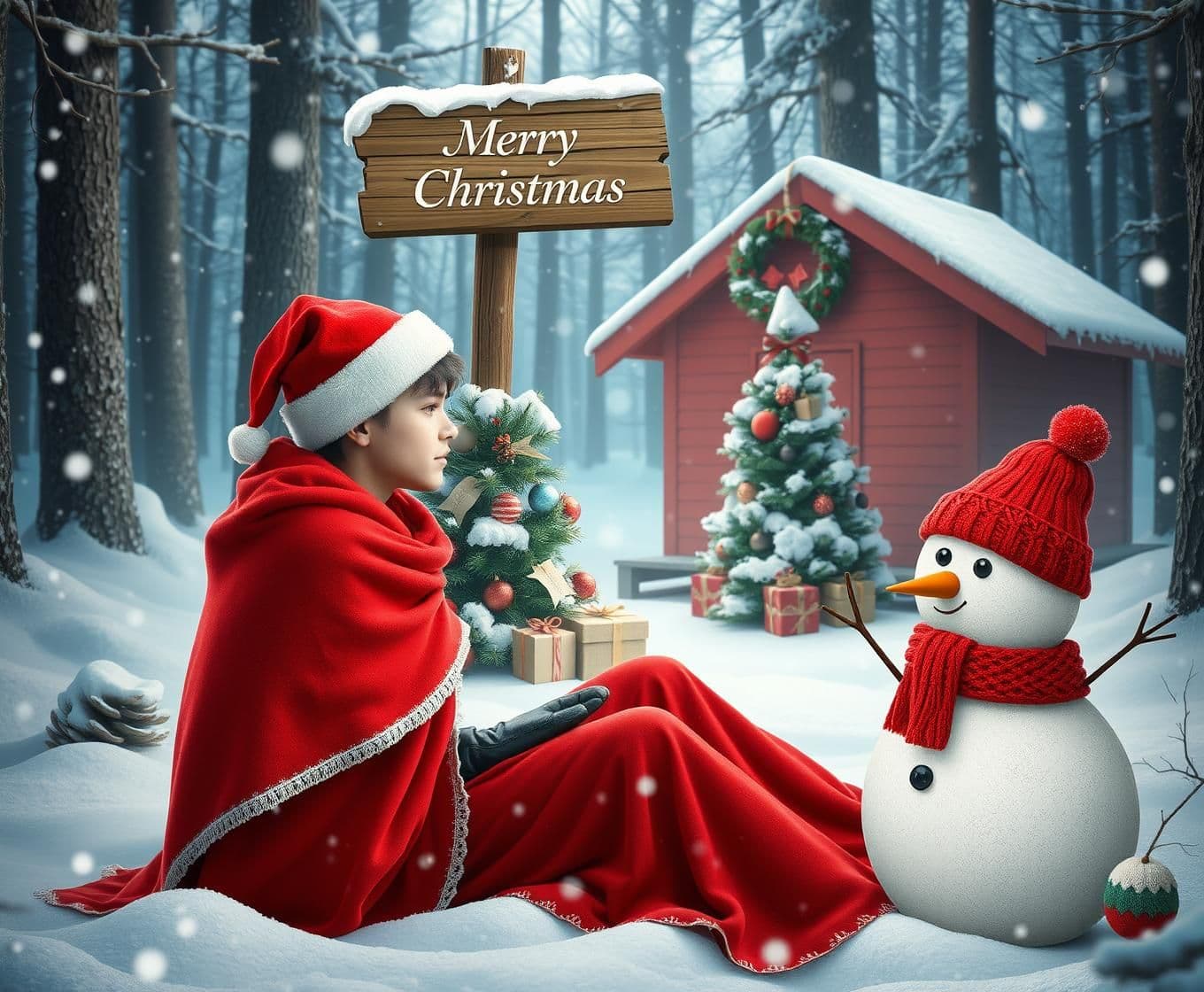 AI generated: "A magical Christmas-themed digital artwork featuring a young man wearing a red Santa hat and wrapped in a bright red shawl, sitting on the ground in a snowy forest. He is looking