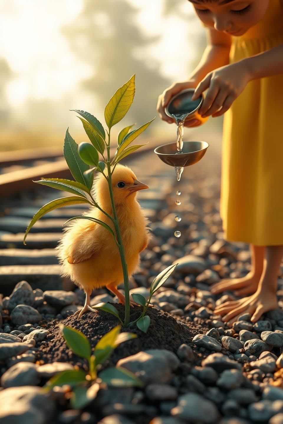 AI generated: “Yellow chick planting a tiny mango sapling beside railway track, soft sunlight, 3D ultra-realistic textures, detailed railway stones, warm color palette, Unreal Engine look.”
“Yel
