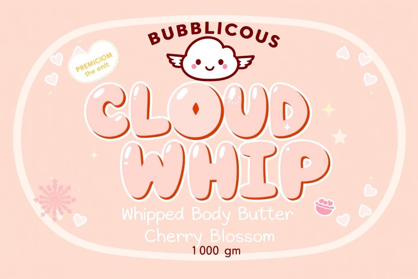 AI generated: A premium kawaii label design for a whipped body butter called “Cloud Whip.” Include a rounded rectangle pastel frame inspired by cute Japanese stationery, with soft pastel borders