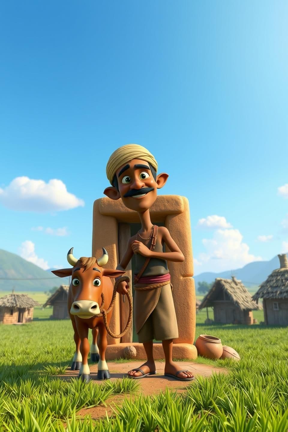 AI generated: Prompt:
A poor Indian farmer standing outside his small clay house in a peaceful village, holding a rope tied to his brown cow. Green fields and small huts around, clear blue sky w