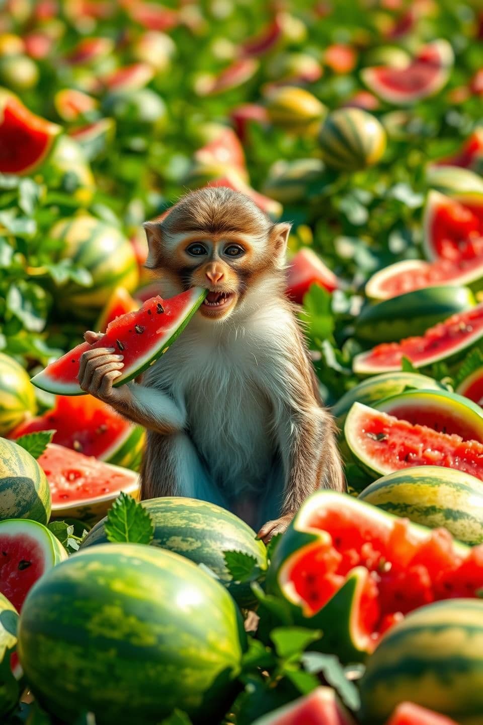 AI generated: monkey is sitting calmly in a wide watermelon field, eating a juicy red watermelon slice. Many ripe watermelons are scattered and growing all around on green vines. The monkey loo