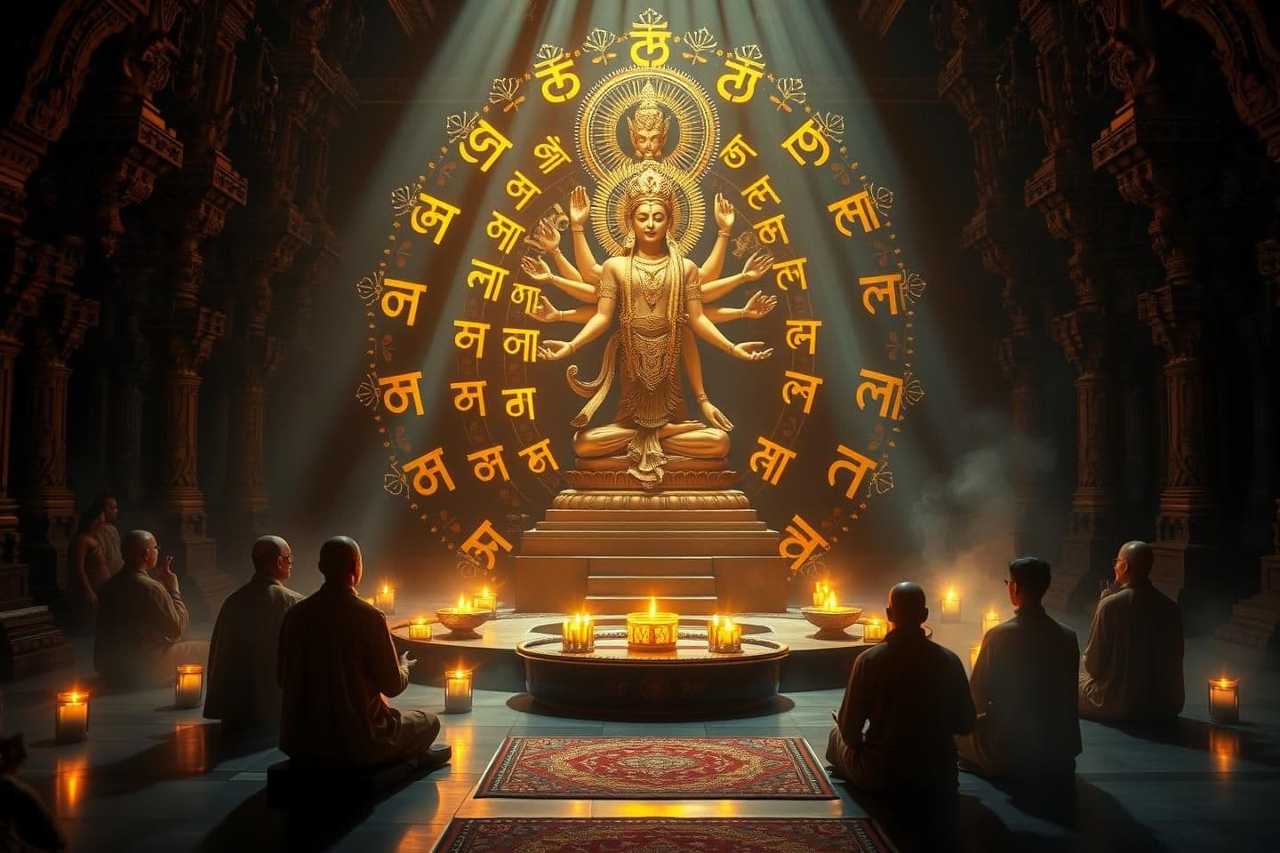 AI generated: A divine and spiritual 16:9 YouTube thumbnail showing the Gayatri Mantra with 24 glowing Sanskrit letters surrounded by golden light, ancient sages (Rishis) meditating, rhythmic Ve