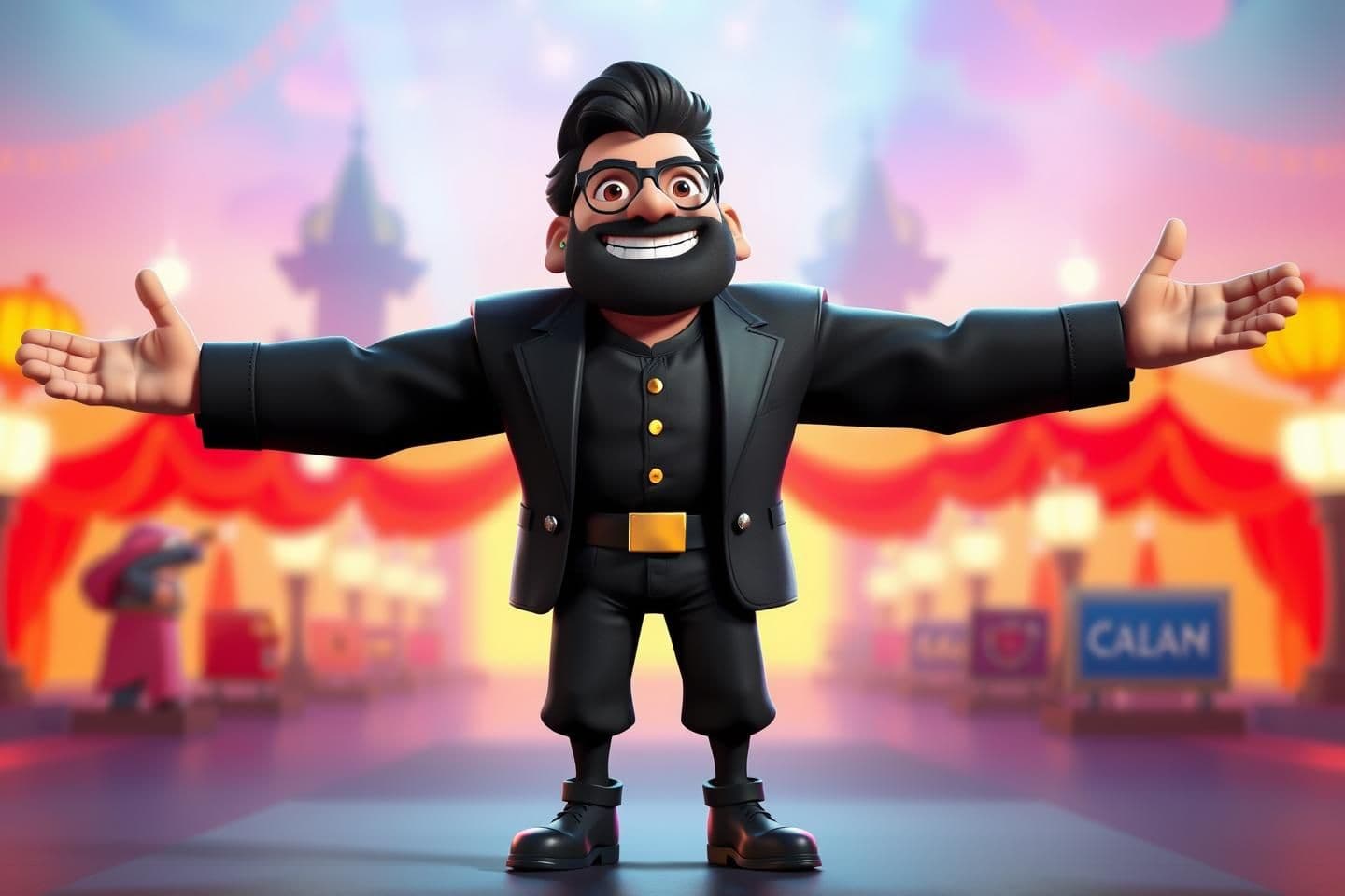 AI generated: {
"prompt": "A 3D cartoon-style character inspired by Bollywood romance heroes, standing with arms wide open in a signature welcoming pose, wearing a stylish black outfit and giv