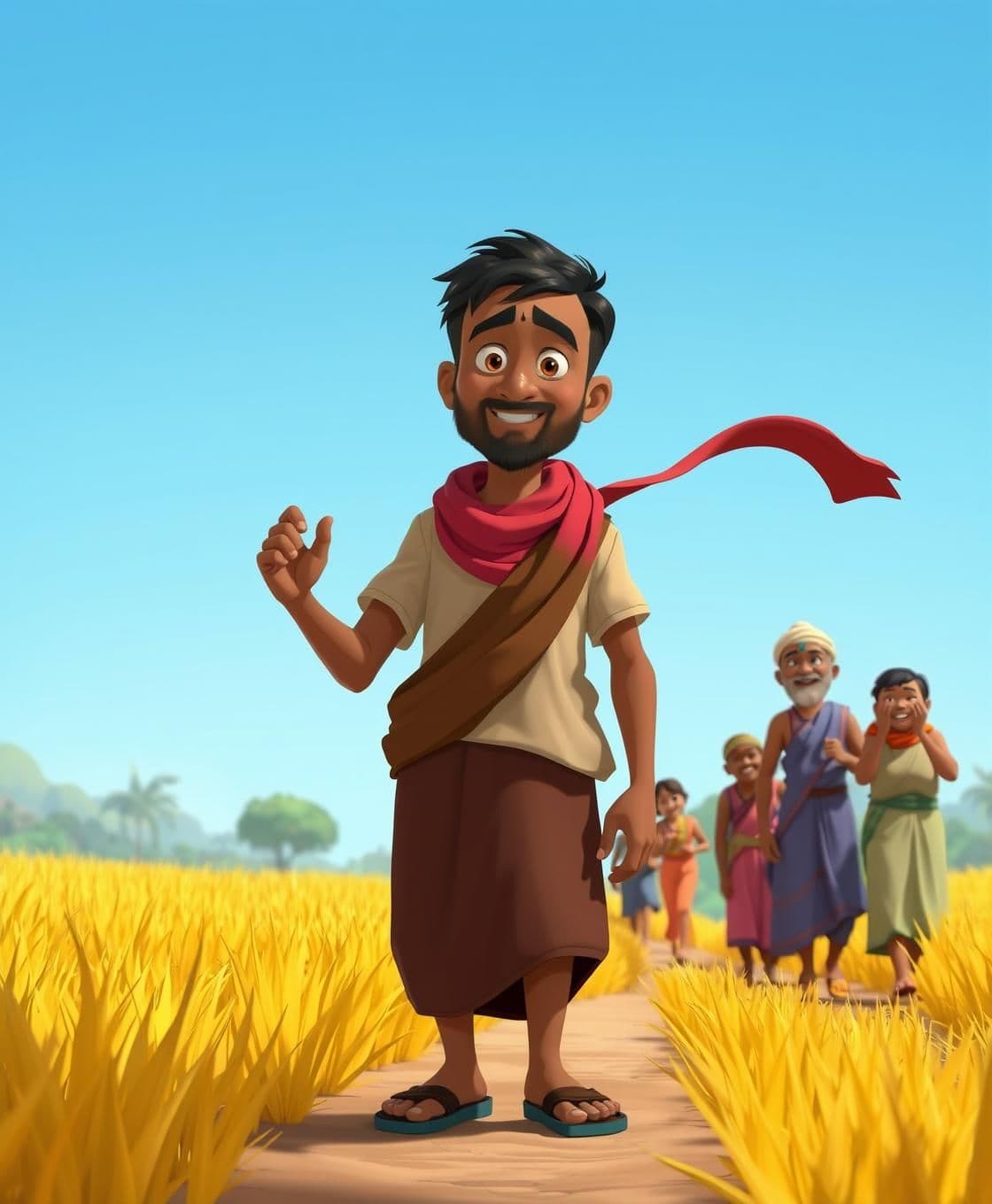 AI generated: Scene 5: গ্রামের বদল (12:00 – 15:00) – “2D cartoon middle-aged Indian villager man named Ramu, dark brown skin, thin but strong body, short uncombed black hair, small beard, wearin